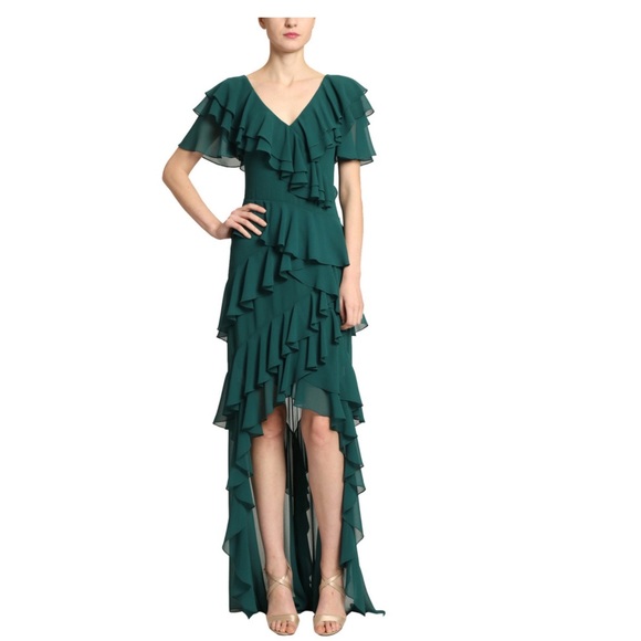 NWT Badgley Mischka V neck georgette flutter cascading ruffle gown, high low hem - Picture 1 of 9